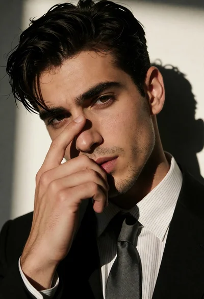 Medium close up portrait of man in black suit touching nose on