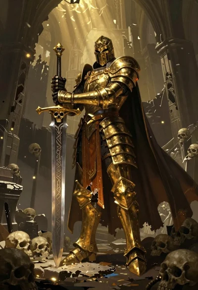Armored warrior standing in a ruined hall with golden light