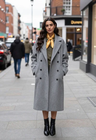 Stylish woman in grey coat on urban sidewalk