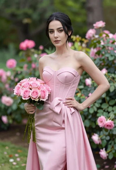 Confident woman in pink strapless gown holding roses in lush garden