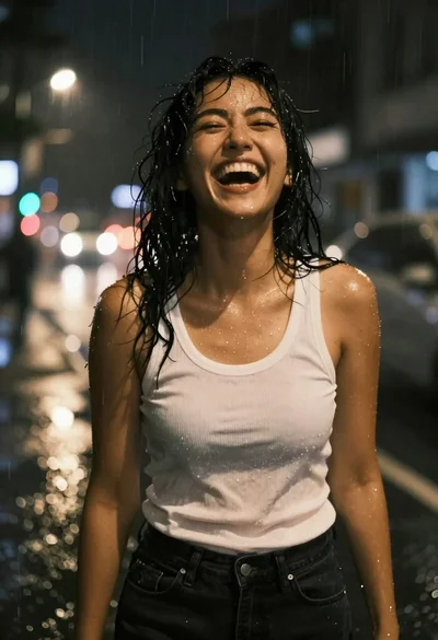 Young woman laughing in the rain at night