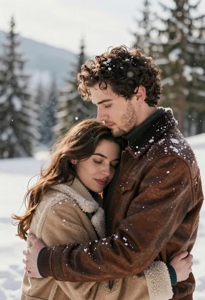 Couple in winter coats embracing in snowy landscape with pine trees