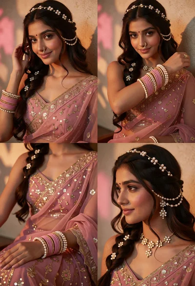 Portrait of young woman in dusty pink lehenga with gold jewelry