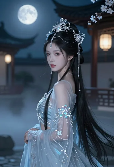 Young woman in blue gown standing in misty courtyard under full moon