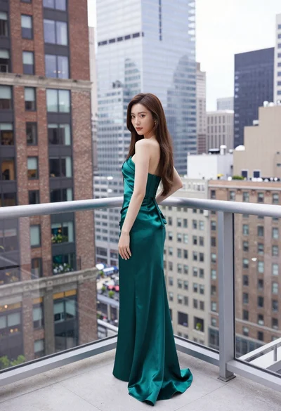 Young woman in emerald gown on high rise balcony overlooking city