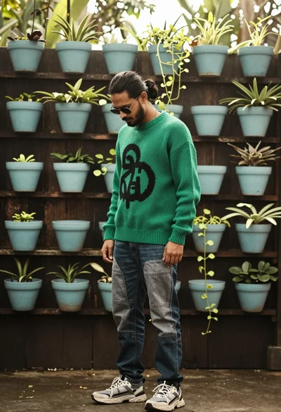 Man in green sweater standing by wall of hanging plants with vintage