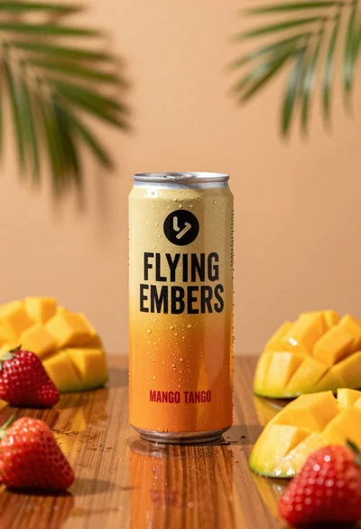 Refreshing beverage can with fruit slices on wooden table