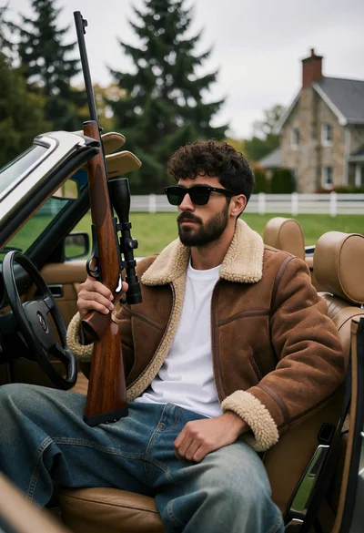 Man in vintage convertible holding rifle near stone house outdoors
