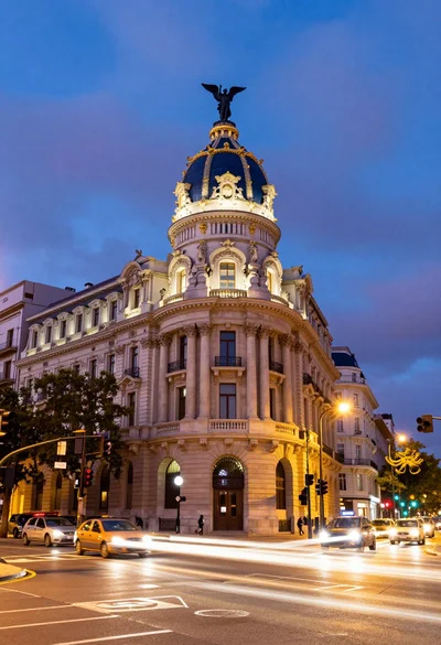 Majestic cityscape at twilight featuring ornate historic building with blue dome