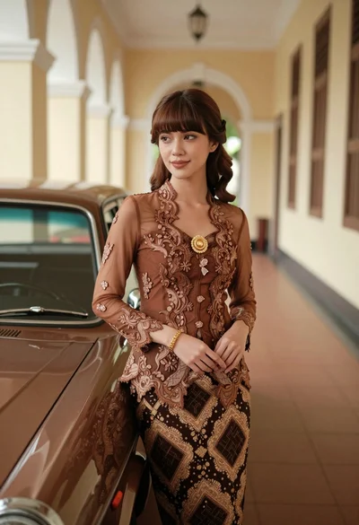 Young woman in kebaya beside vintage car in sunlit architectural corridor
