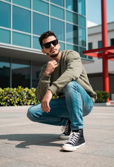 Man crouching in urban plaza against teal glass building backdrop