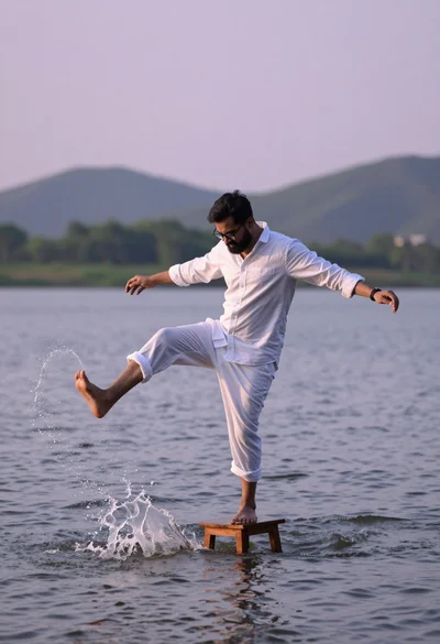 Man balancing on wooden stool splashing water near green hills at sunset