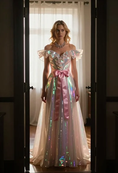 Blonde woman in iridescent gown standing in a doorway with soft backlighting