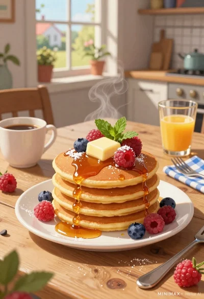 Stack of fluffy pancakes with butter syrup berries on rustic wooden breakfast