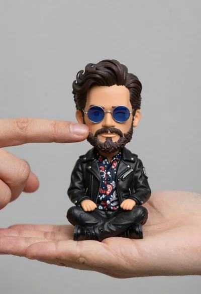Hyperrealistic close up of bobblehead figure in an open hand