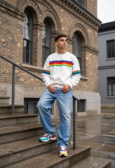 Young man leaning on handrail on wet stone steps before brick building