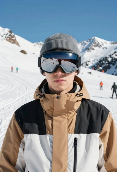 Skier portrait on sunny mountain slope with blue skies