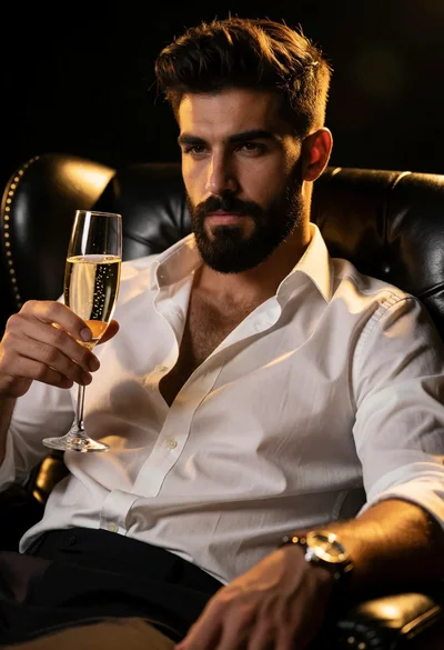 Handsome man with beard sitting in black leather armchair holding champagne flute