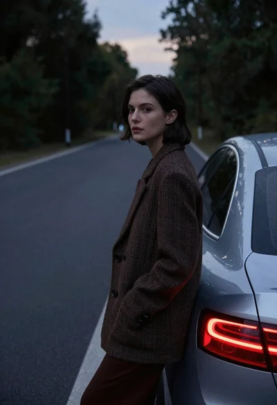 Young woman in brown tweed blazer leaning against silver car on road