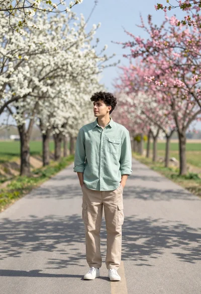 Young man in light green shirt on paved path lined with blooming