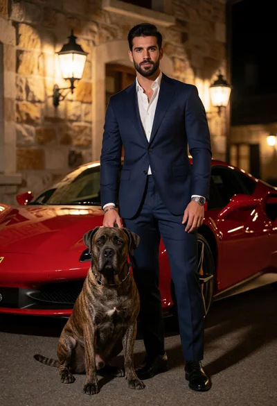 Man in navy suit standing with brindle dog near red ferrari at