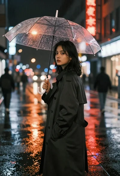 Young woman in trench coat under transparent umbrella on wet city street