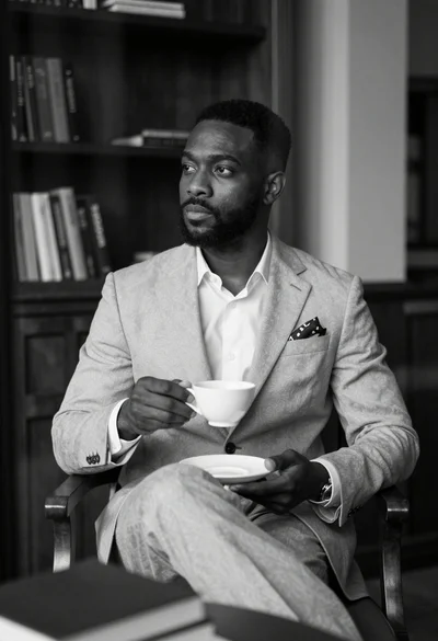 Contemplative black man in light suit holding teacup in dimly lit room