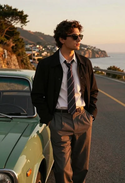 Handsome man in black jacket standing next to vintage green car on