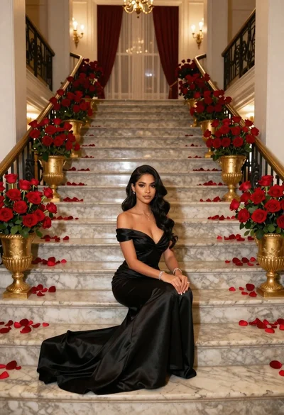 Woman in black gown on marble staircase with red roses