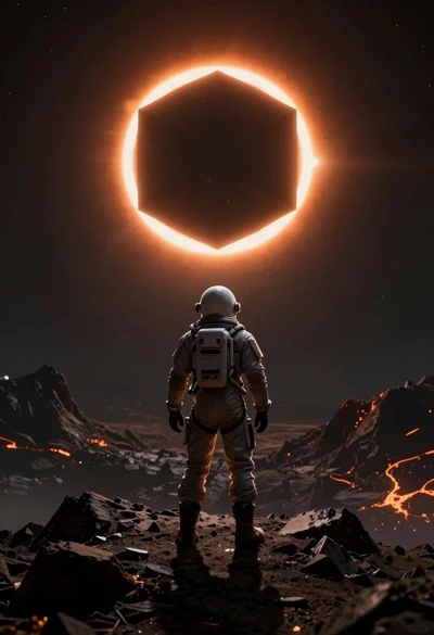 Astronaut in spacesuit stands on rocky ridge looking up at floating cube