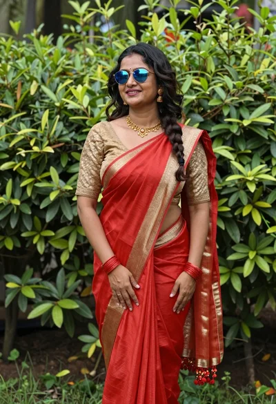 Smiling woman in vibrant red saree standing in a lush green garden