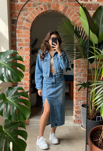 Young woman in denim jacket and skirt taking mirror selfie outdoors