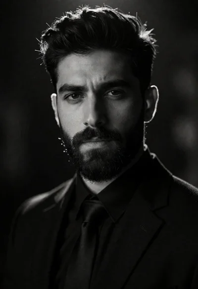 High contrast black and white portrait of man with beard and suit