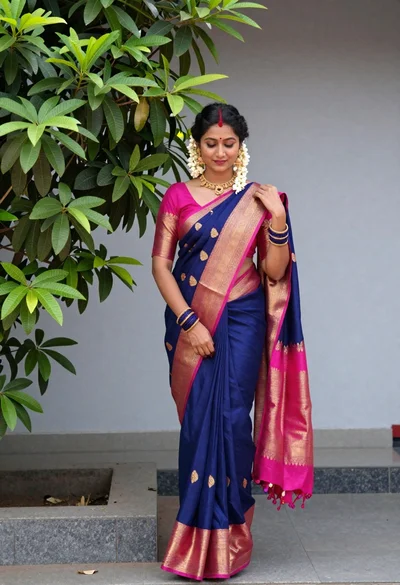 Woman in traditional blue saree with gold jewelry outdoors by green tree