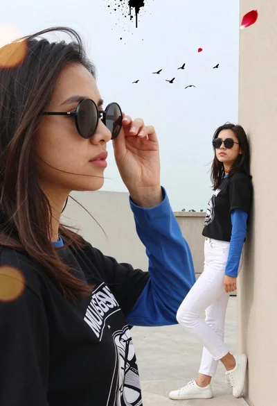 Split screen profile close up of young woman with dark hair and
