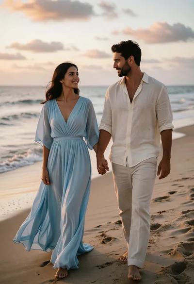 Romantic couple holding hands walking along sandy beach at golden hour