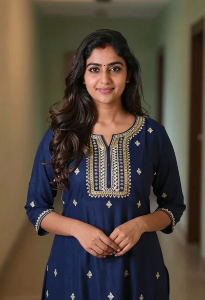 Young woman in navy embroidered traditional dress indoors medium shot