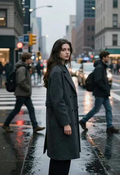 Cinematic street portrait of young woman standing still in busy city intersection
