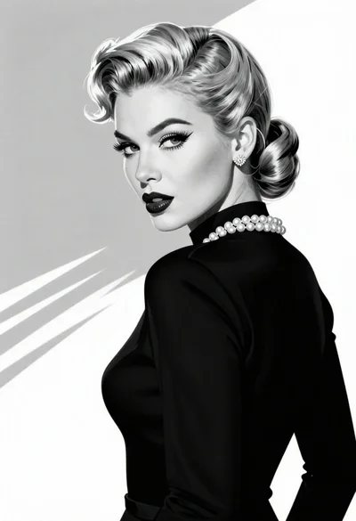 Black and white illustration of glamorous vintage pin up woman