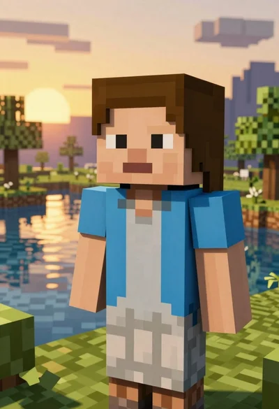 Minecraft style pixelated girl in beige dress and blue jacket on blocky
