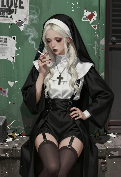 Stylized nun in an urban alleyway setting
