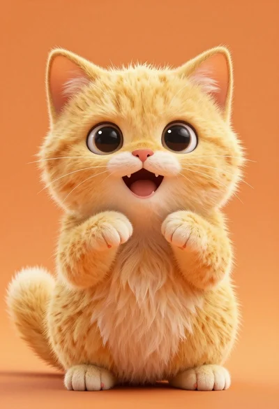 Hyperrealistic fluffy yellow kitten sitting on solid orange background