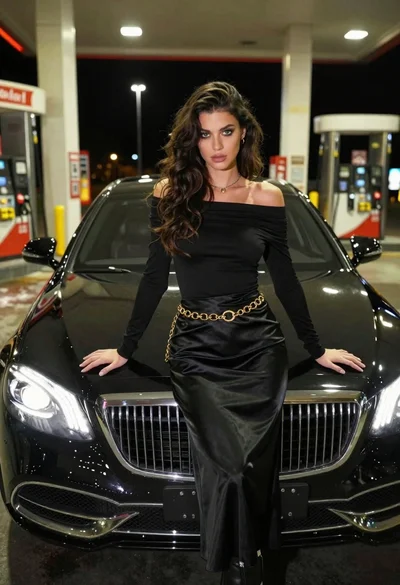 Confident woman in black dress posing by luxury sedan at gas station
