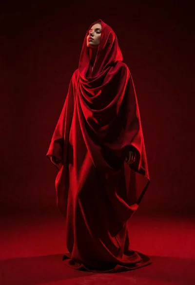 Full body figure draped in voluminous crimson fabric against deep red backdrop