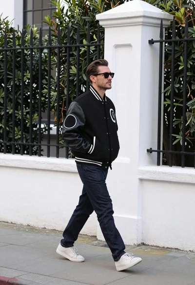 Man in black varsity jacket walking down urban sidewalk by white wall