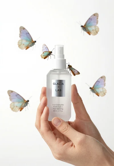 Closeup product shot of hand holding frosted glass spray bottle with colorful