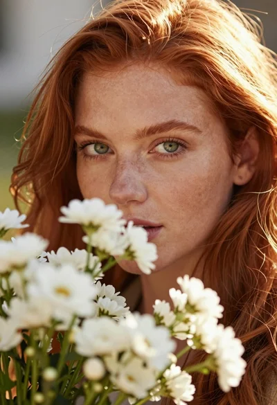 Close up portrait of woman with red hair holding white flowers outdoors