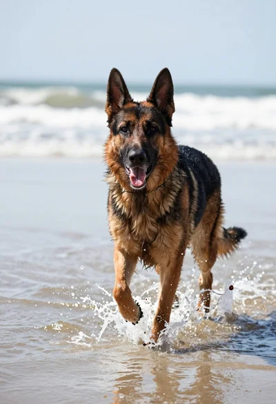 German shepherd dog running through shallow coastal water splashing with excitement