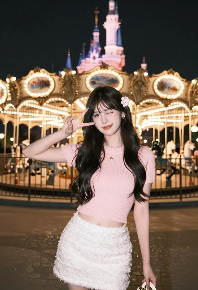 Young woman posing playfully at night near illuminated amusement park carousel