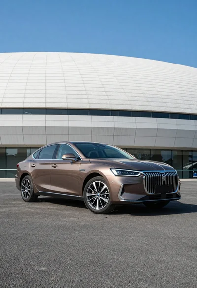 Sleek brown sedan parked before modern architecture under bright blue sky